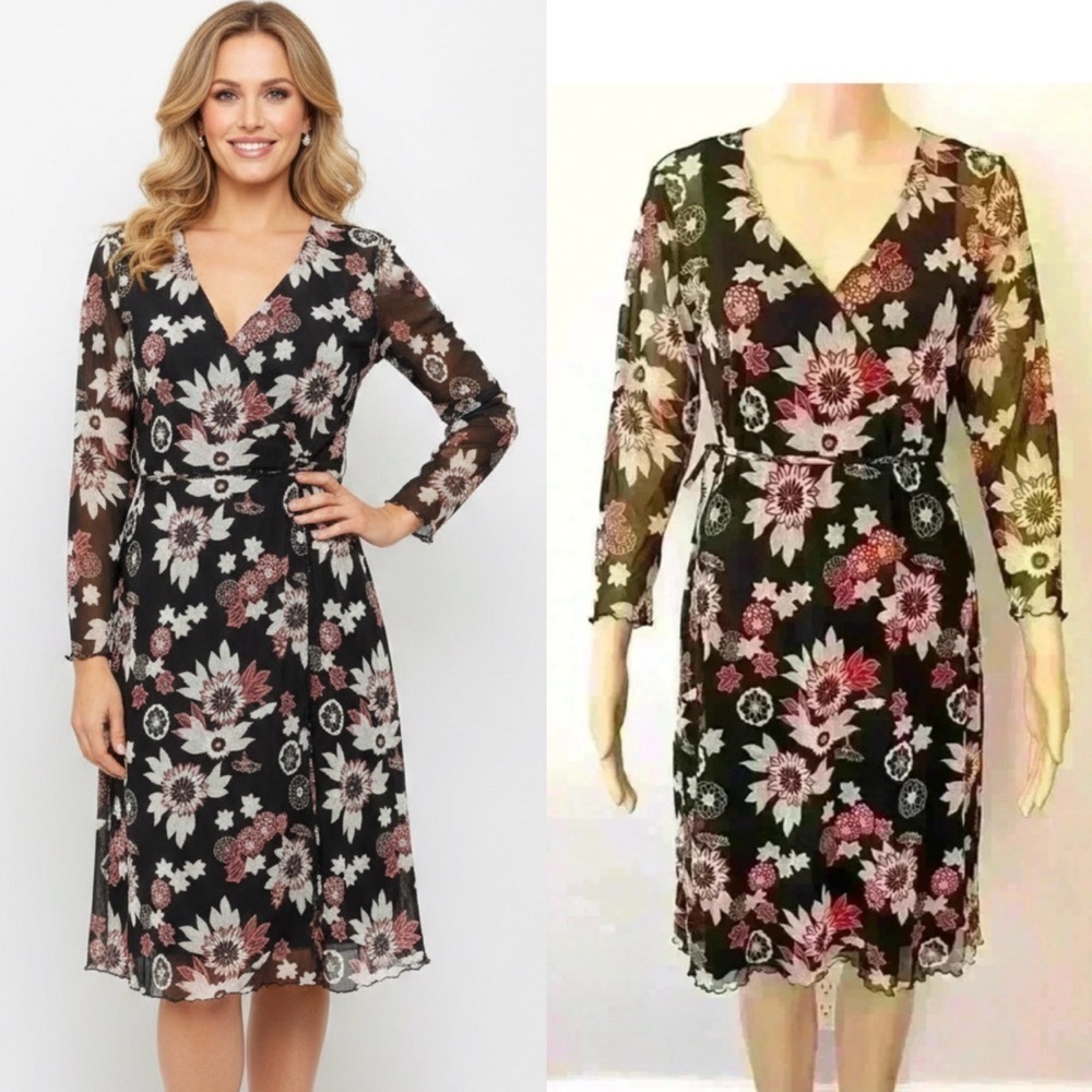 MEXX Floral Romantic Mesh V Neck Black Long Sleeves Midi Dress Size Large.